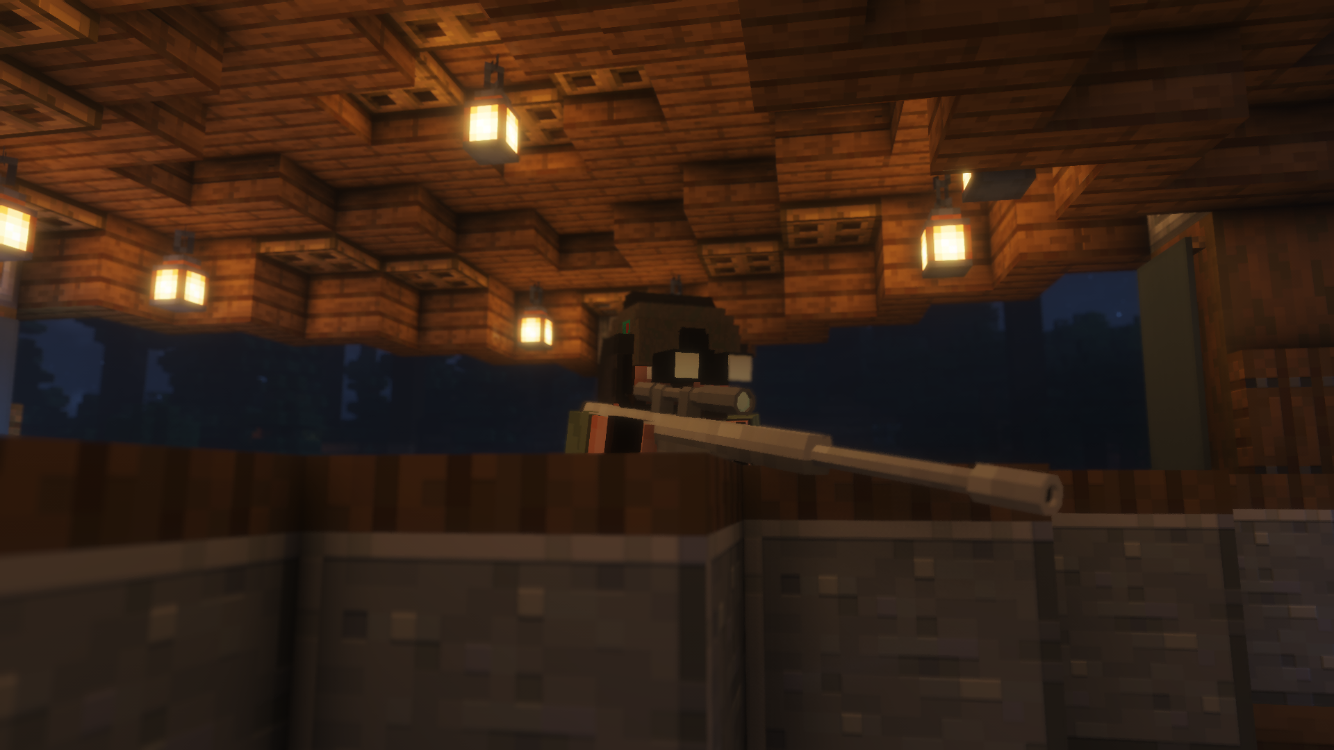 An armed survivor keeping watch from a lantern-lit shelter