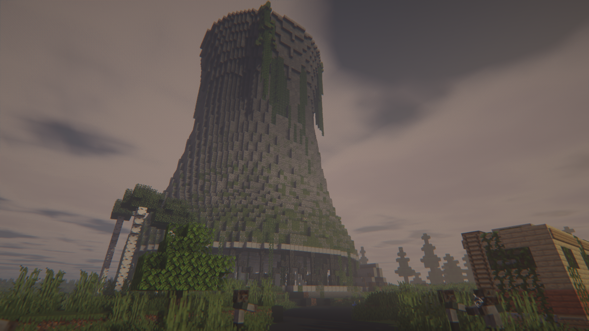 An overgrown tower rising above the ruined Deadlands outskirts